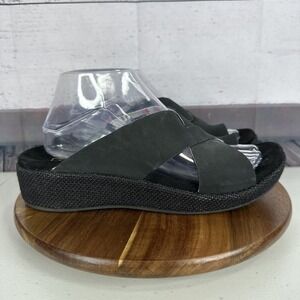 Spenco Sandals Womens 9.5 W Black Platform Comfort Wedge Strappy Slip on